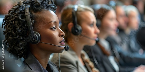Group of diverse business people wearing headset working at call center. Large group of telephone workers or operators working in row at busy office, Generative AI