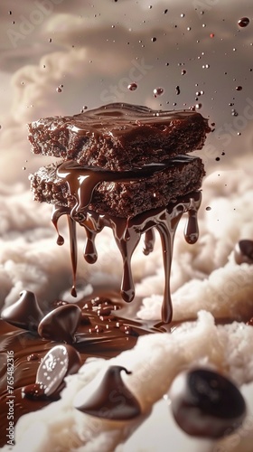 Brownies floating delicately on a cloud of chocolate sauce