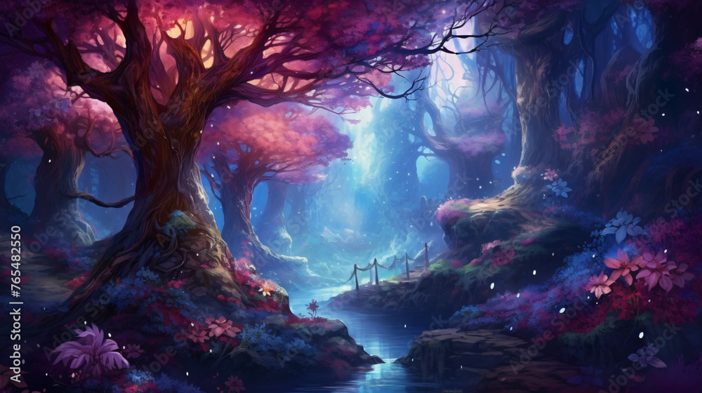 Fantasy forest blue and purple magical and surreal landscape