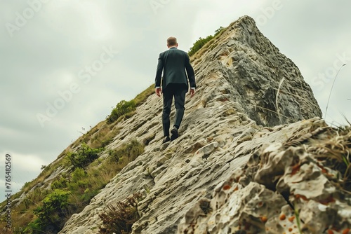 Businessman in a sleek suit conquers a challenging mountain peak  symbolizing determination  ambition  and the relentless pursuit of success amidst adversity