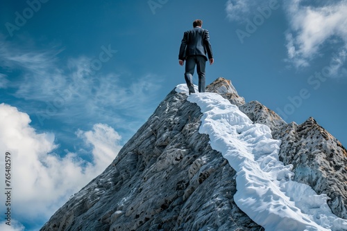 Businessman in a sleek suit conquers a challenging mountain peak, symbolizing determination, ambition, and the relentless pursuit of success amidst adversity