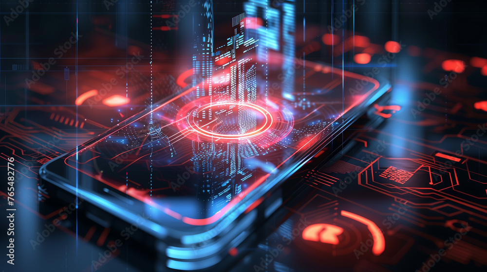 A smartphone displays a holographic image on a glowing circuit board A smartphone displays a holographic image on a glowing circuit board