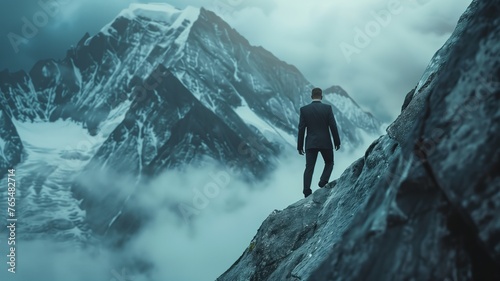 Businessman in a sleek suit conquers a challenging mountain peak, symbolizing determination, ambition, and the relentless pursuit of success amidst adversity photo