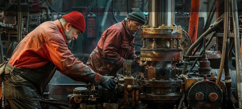 Workers operating heavy machinery in an industrial environment. They are engaged in maintaining or repairing mechanical equipment, surrounded by a complex array of pipes and metal structures.