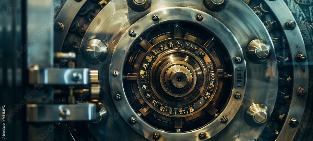 Close-up of a robust vault door with intricate locking mechanism and polished metal surfaces. The concept is a secure bank vault, symbolizing safety and protection for valuable assets.