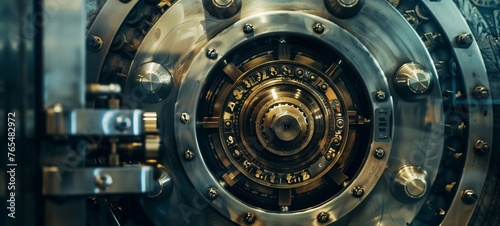 Close-up of a robust vault door with intricate locking mechanism and polished metal surfaces. The concept is a secure bank vault, symbolizing safety and protection for valuable assets.