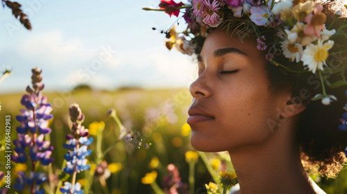 female model wearing a flower crown, surrounded by a field of wildflowers © boti1985