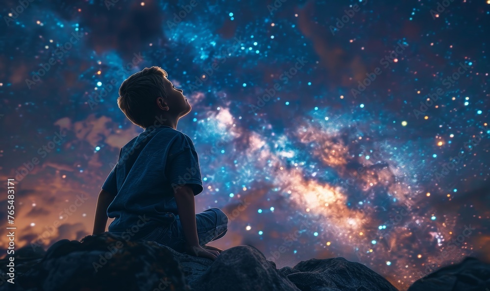 Young boy kid astronomer at a night of stargazing. He gazes galaxies and constellations, expanding his understanding of the cosmos, Generative AI
