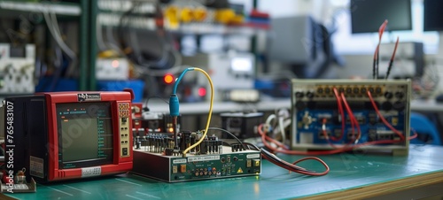 Electronic testing equipment setup on a workbench. The scene includes an oscilloscope, signal generators, and wiring prominently displayed in a technical and educational environment.
