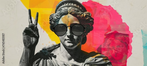 Antique female statue's head in sunglasses juxtaposed with a peace-sign hand gesture. The artwork blends classical elements with modern, pop-art style photo