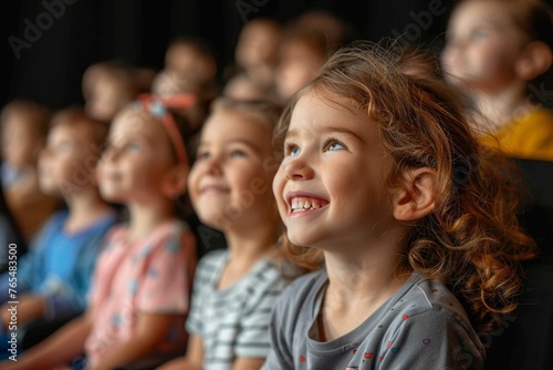 Side view of a children audience enjoying a kids concert or movie with happy smiling faces, Generative AI
