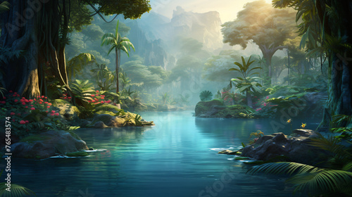 Fantasy hidden blue lagoon in the tropical forest digi © Jafger
