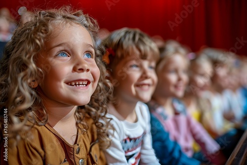 Side view of a children audience enjoying a kids concert or movie with happy smiling faces, Generative AI © Focal Imaging