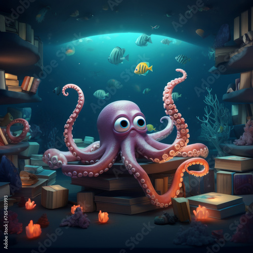 Ocean-deep library in 3D style, 3D render