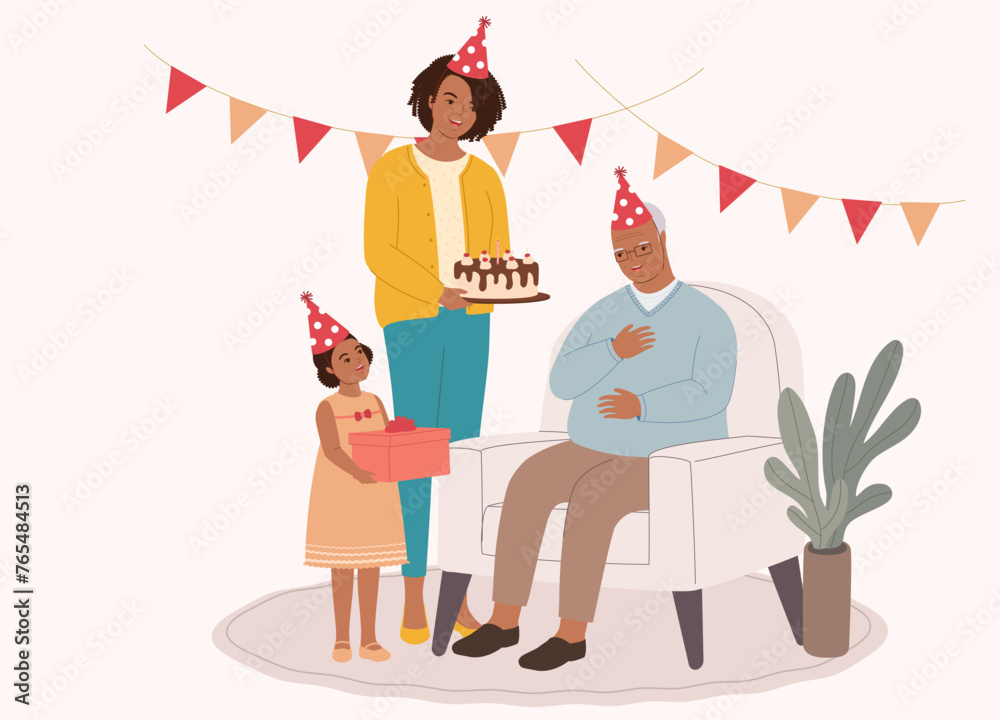 Fototapeta premium Smiling Black Grandpa Celebrating His Birthday With His Daughter And Little Granddaughter. Full Length.
