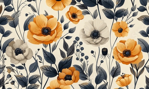 Seamless pattern background featuring a collection of vintage botanical illustrations with flowers and leaves in muted colors, Generative AI