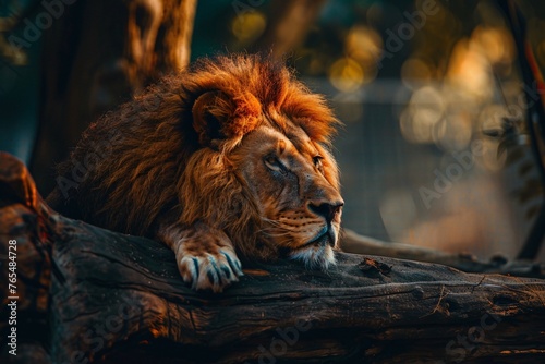 a lion lying on a log