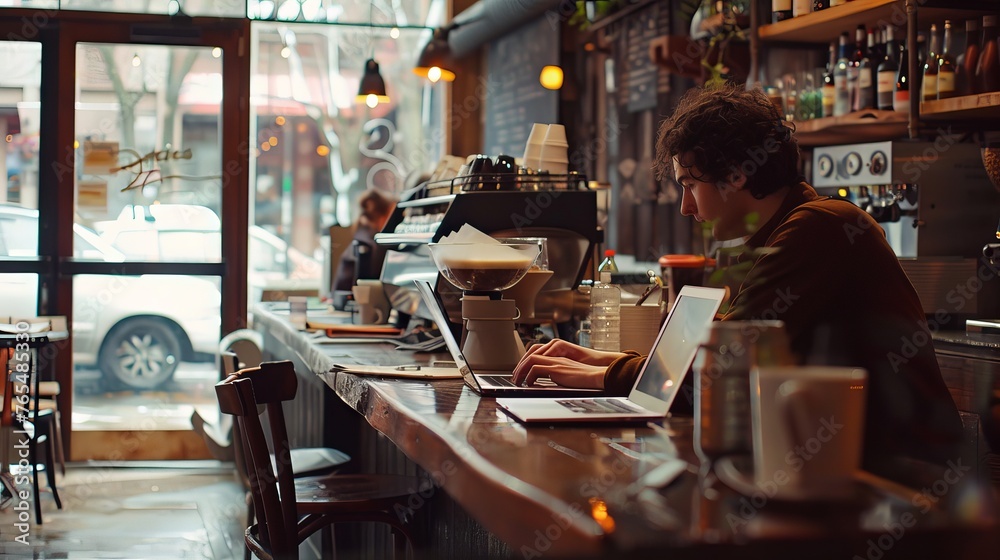 Digital Nomad at Work Young Entrepreneur in Cozy Coffee Shop with Laptop and Cappuccino Digital Nomad at Work Young Entrepreneur in Cozy Coffee Shop with Laptop and Cappuccino