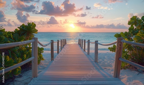 Long boardwalk leading to the white sand beach and ocean water at sunset with few shrubs on sides, Generative AI photo