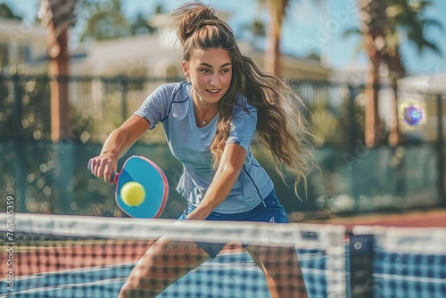 Young woman playing pickleball at the pickleball court, Generative AI © Focal Imaging