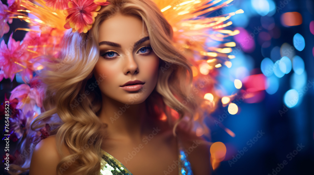 Fashion model woman in colorful bright golden sparkles