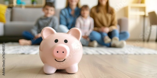 Wallpaper Mural A pink piggy bank is sitting on a wooden floor in front of a family Torontodigital.ca