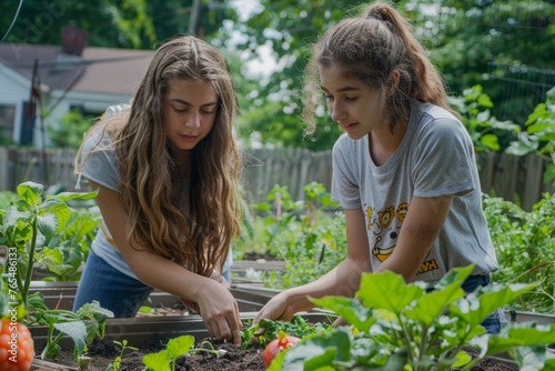 Teen girls at a community garden, planting and gardening together, Generative AI