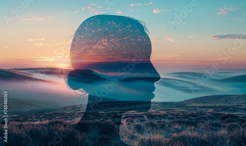 Outline of a human head containing a serene landscape background, symbolizing the concept of inner peace and mental tranquility with copy space, Generative AI #765486163