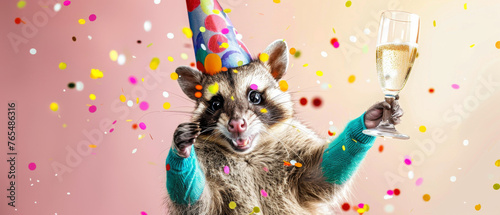 An amusing image of a possum dressed in a sweater holding a glass of champagne in a celebratory moment photo
