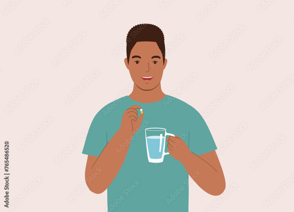 One Smiling Black Man Taking Pill With A Glass Of Water. Half Length. One Smiling Black Man Taking Pill With A Glass Of Water. Half Length.