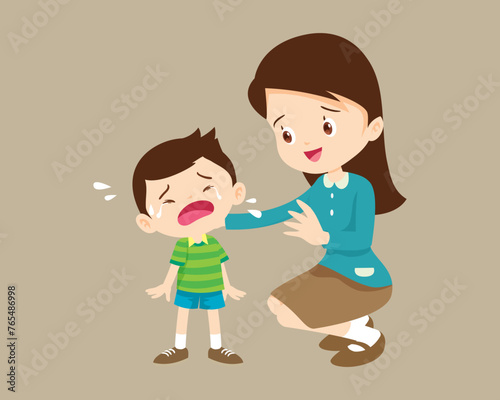 Comforting sad children with parent or teacher