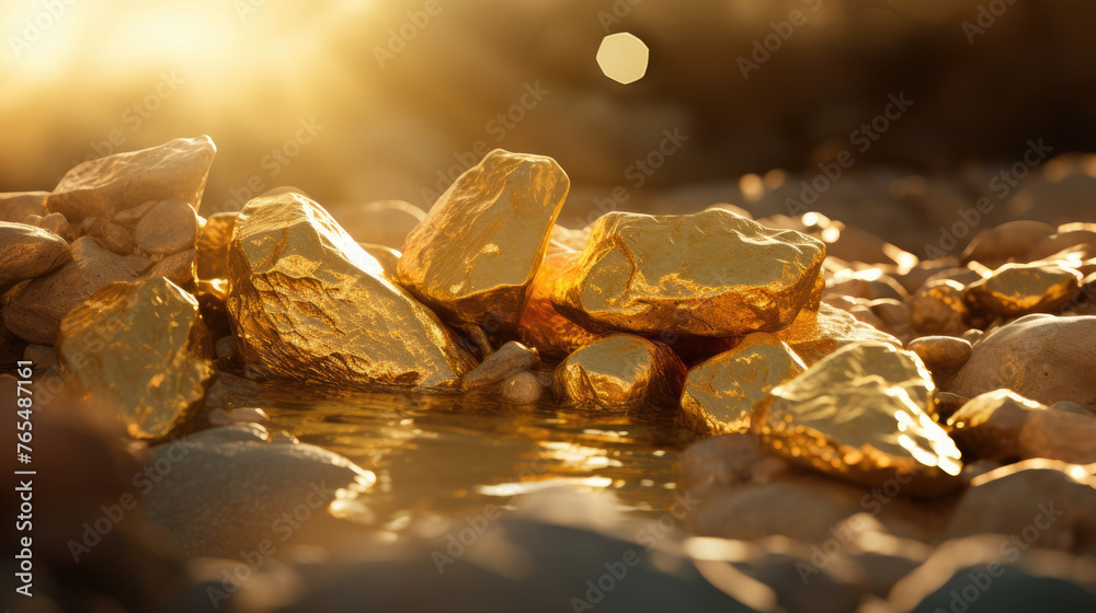 Real gold mined, stacked of gold nugget sitting on top of rocks in the river. generative ai Real gold mined, stacked of gold nugget sitting on top of rocks in the river. generative ai