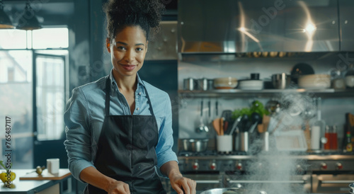 A young, attractive mixed-race woman in her late thirties stands at the center of an empty kitchen with pots and pans on one side and fresh vegetables and ingredients around it