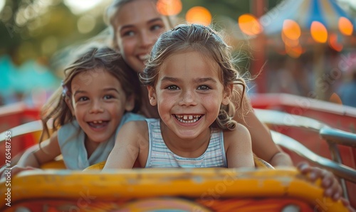 Mother and two children family riding a rollercoaster at an amusement park experiencing excitement, joy, laughter, and fun, Generative AI