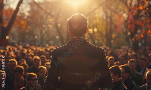 Man politician doing a speech outdoor in front of a crowd of members of a political party, Generative AI photo
