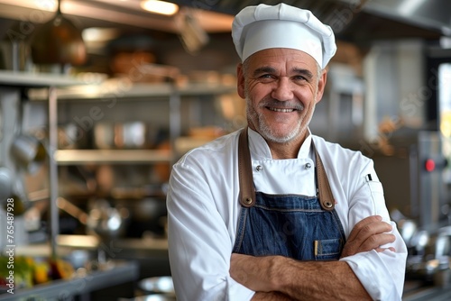Caucasian middle aged male chef in a chef's hat with arms crossed wears apron standing in restaurant kitchen and smiling, Generative AI