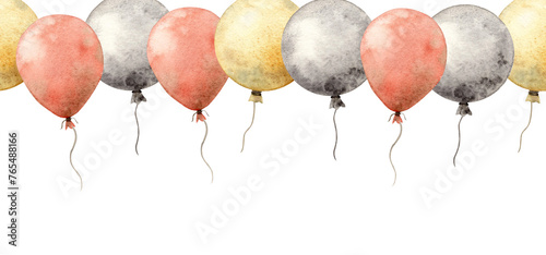 Watercolor endless composition with colorful balloons. Illustration hand drawn on isolated background for cards, interior, stickers, textiles, design, invitations, birthdays, anniversaries, holidays