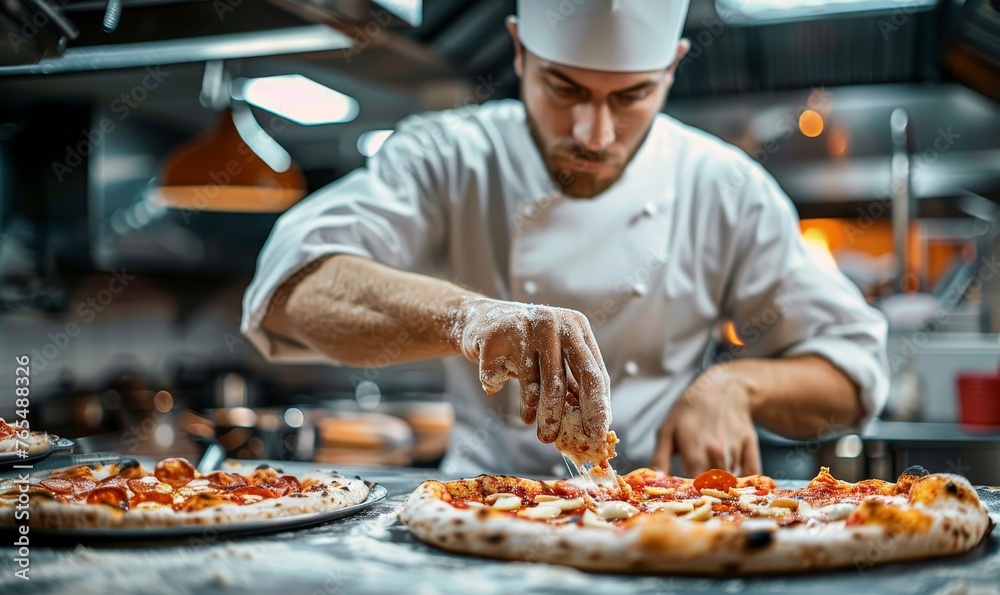 Pizza chef finishing the preparation of a tasty pizza in professional pizzeria restaurant kitchen, Generative AI