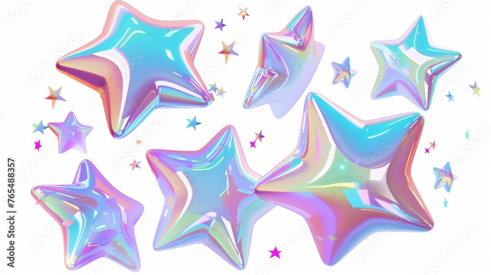 A 3D holographic star set in a futuristic style reminiscent of Y2K set on a white background. Displays the 3D cyber chrome galaxy emoji with falling and flying stars, blings and sparks in 3D modern A 3D holographic star set in a futuristic style reminiscent of Y2K set on a white background. Displays the 3D cyber chrome galaxy emoji with falling and flying stars, blings and sparks in 3D modern