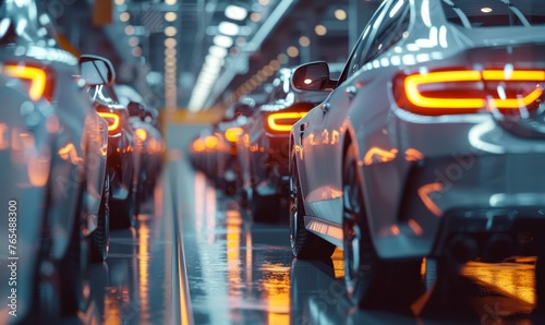 Mass production assembly line of modern cars in a busy factory, Generative AI