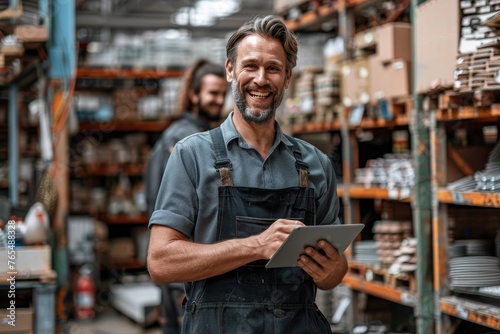 smiling and laughing salesman in a hardware warehouse standing checking supplies on his tablet, Generative AI