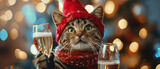 A charming cat adorned in a festive Christmas hat cheerfully raising a beer glass, with bokeh lights background