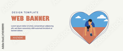 web banner with a runner in the heart shape. Sport concept. Copy space. Runner. Runner on the start line. Design template. Sport competition. Athlete. Marathon runner. Trail running - Stock vector
