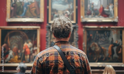 Back of an adult person looking at renaissance style paintings in an old museum art gallery, Generative AI