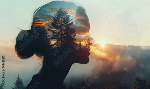 Outline of a human head containing a serene landscape background, symbolizing the concept of inner peace and mental tranquility with copy space, Generative AI #765489317