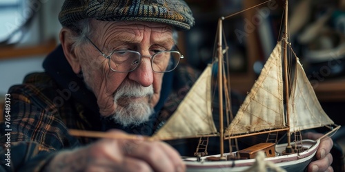 An old man is working on a model boat
