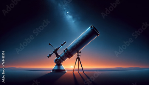 Telescope gazes skyward during twilight, colors merge from sunset to indigo. Sleek telescope points up, blending nature with science at twilight.