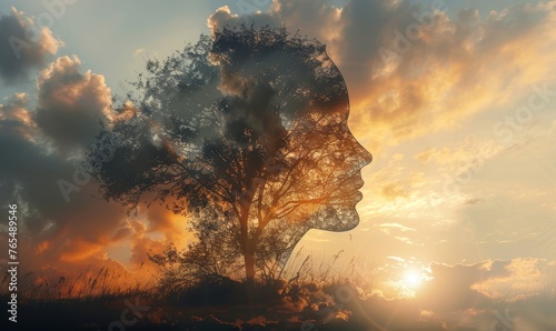 Outline of a human head containing a serene landscape background, symbolizing the concept of inner peace and mental tranquility with copy space, Generative AI photo