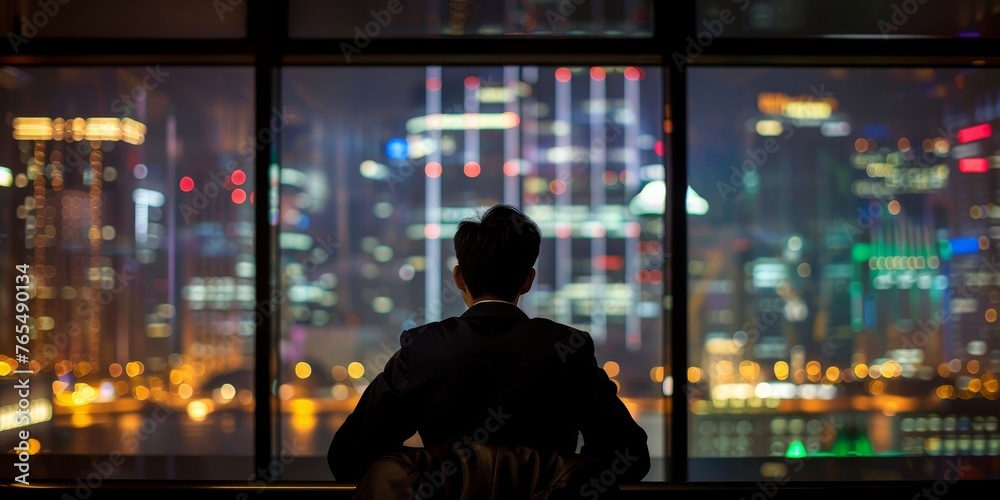 A man is sitting in a chair looking out a window at the city A man is sitting in a chair looking out a window at the city