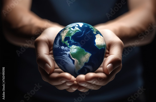 Planet in man hand. Eco earth day concept.